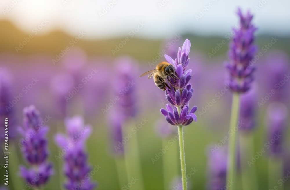 Naklejka premium Bee pollinating vibrant lavender in blooming field at sunset
