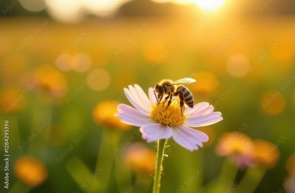 Bee collecting nectar on pink flower in sunlit meadow during golden hour Bee collecting nectar on pink flower in sunlit meadow during golden hour