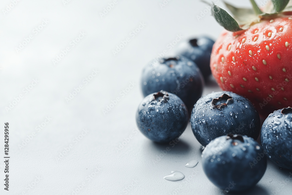 Fresh blueberries with a ripe strawberry, covered in water droplets for a fresh look
Fresh blueberries with a ripe strawberry, covered in water droplets for a fresh look