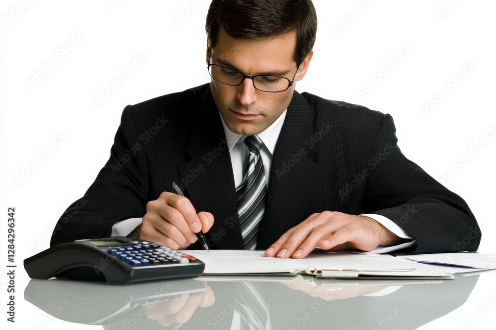 Professional Accountant Writing in Notebook with Calculator Isolated on White Background Professional Accountant Writing in Notebook with Calculator Isolated on White Background