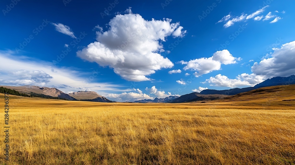 Obraz premium Expansive golden meadow under a bright blue sky with fluffy clouds creating a serene outdoor landscape : Generative AI