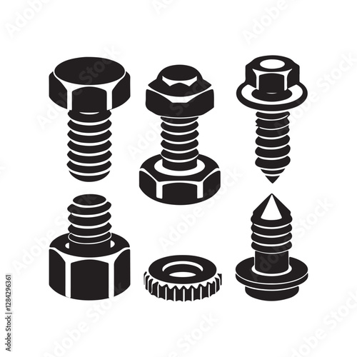 Detailed vector illustrations of bolts and screws,  minimalist graphic design, clean lines, isolated on white background