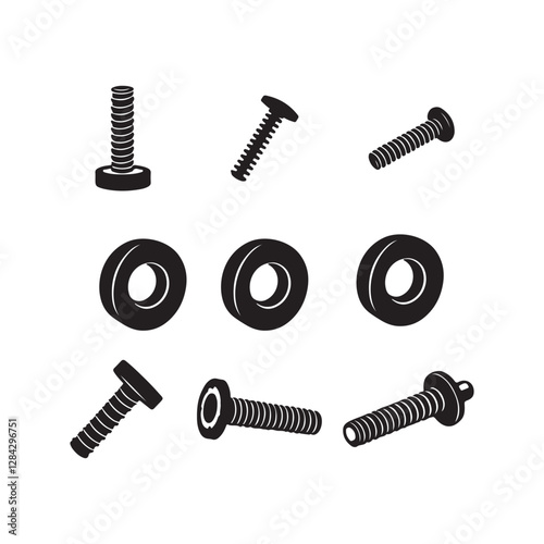 Detailed vector illustrations of bolts and screws,  minimalist graphic design, clean lines, isolated on white background