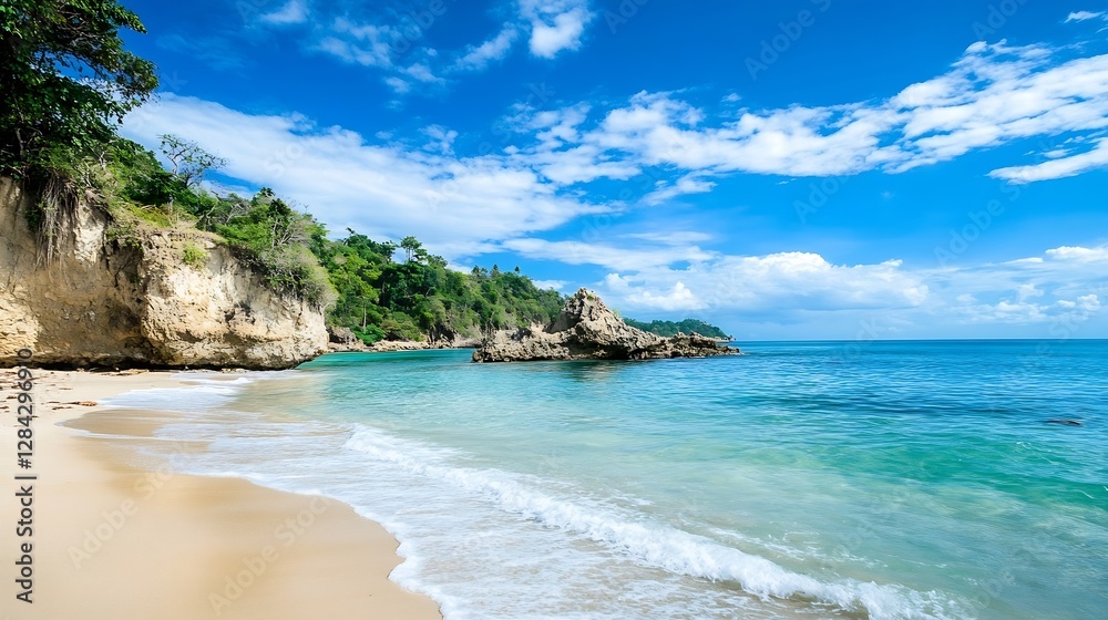 Idyllic tropical beach scene with clear blue waters soft sand and lush greenery lining the coast : Generative AI Idyllic tropical beach scene with clear blue waters soft sand and lush greenery lining the coast : Generative AI