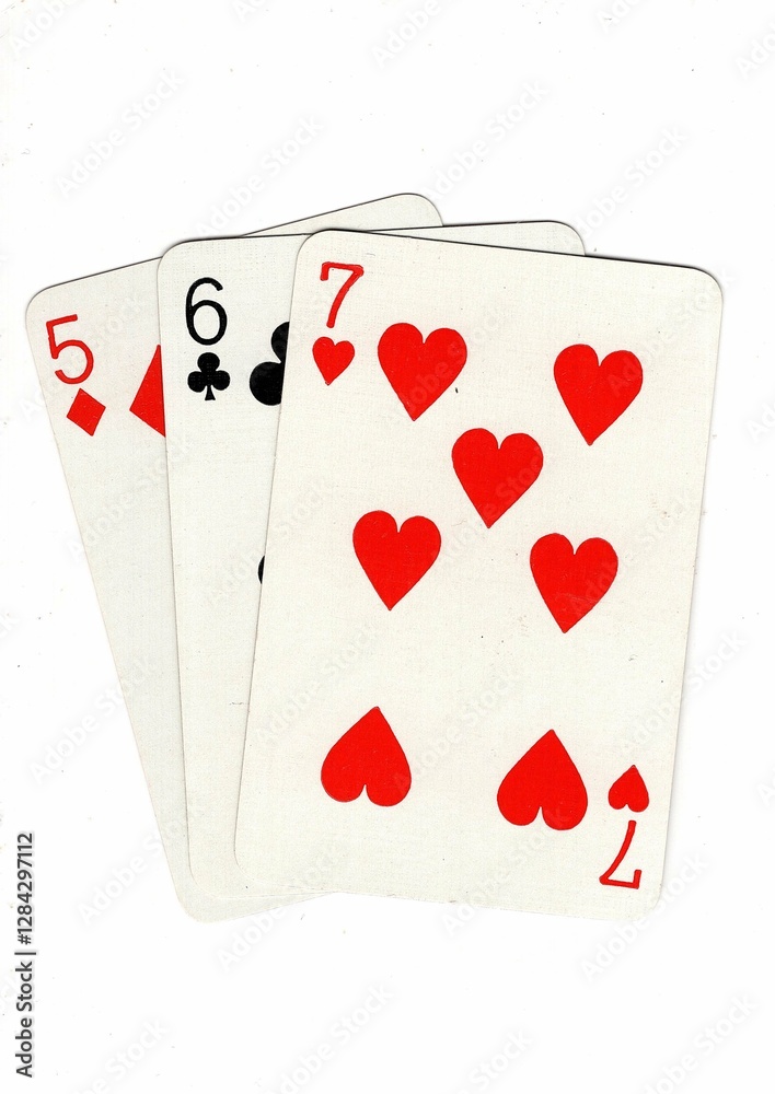 A hand of playing cards showing a run of three on a white background. A hand of playing cards showing a run of three on a white background.