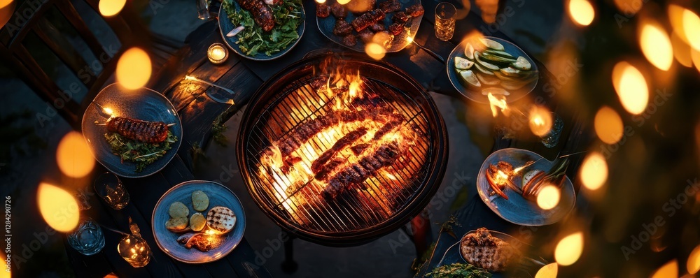 Obraz premium Outdoor evening barbecue party with grill, food, and warm lighting