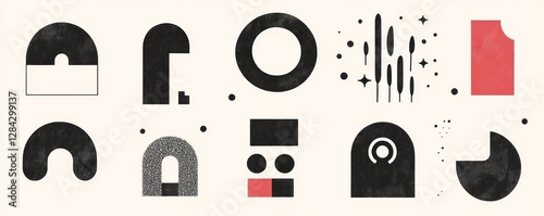 Scallop edge shapes - circle, square, arch, oval, modern brutalism forms. Retro vawe swiss design elements with frill border.  illustration of aesthetic futuristic memphis figures