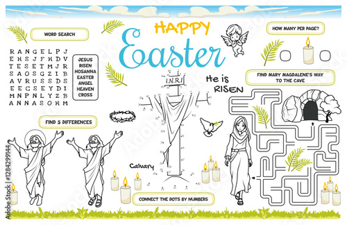 Festive placemat for children. Religious themed. Printable activity sheet "Happy Easter" with a labyrinth, connect the dots and find differences. 17x11 inch printable vector file