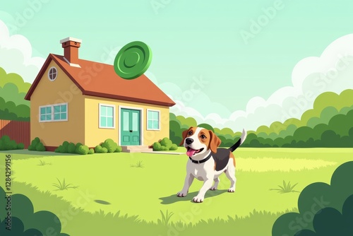 Playful dog catching green frisbee in front of cozy house on a sunny day. Concept features dog catching green frisbee, showcasing joy and outdoor fun in vibrant setting. photo