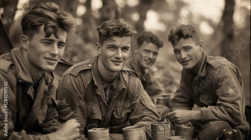 Group of smiling soldiers eating from mess tins during world war ii