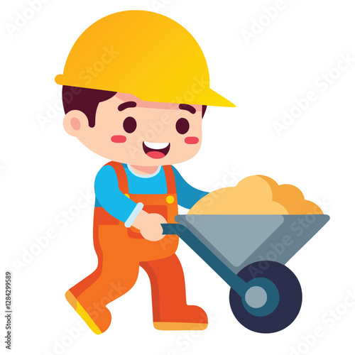 A cheerful cartoon child in construction worker attire, wearing a hard hat and overalls, pushes a wheelbarrow filled with sand