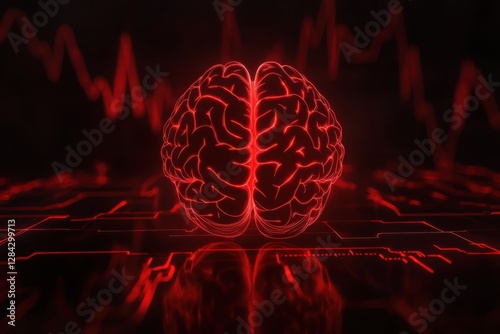 Red glowing brain with digital design representing neural activity and technology in a dark environment