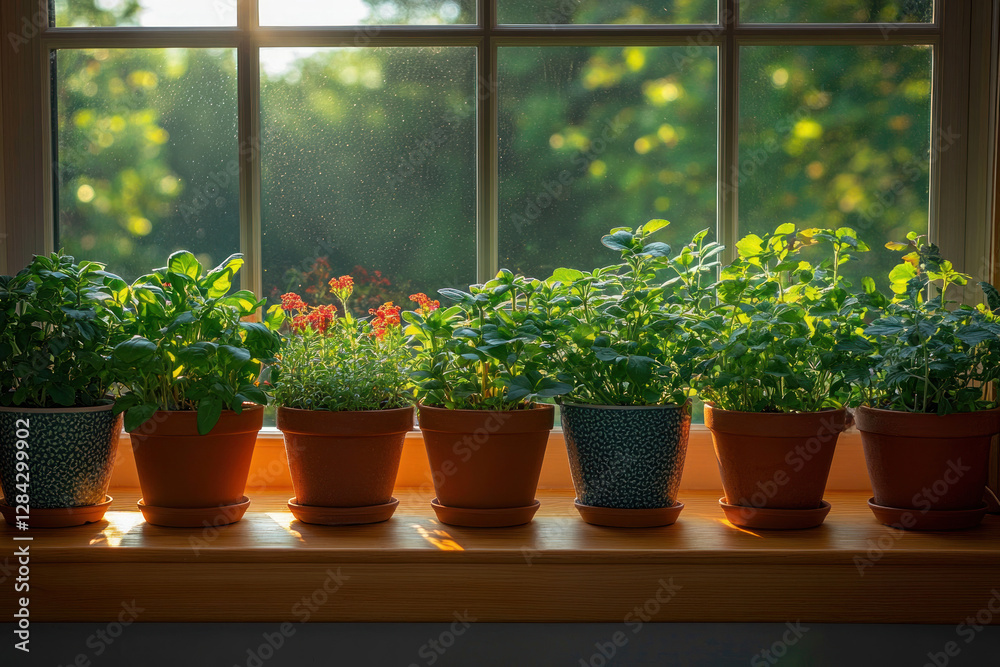 a window with a windowsill on which there are several pots with plants. In the foreground are green plants, probably herbs such as basil and others, with red flowers between them. a window with a windowsill on which there are several pots with plants. In the foreground are green plants, probably herbs such as basil and others, with red flowers between them.