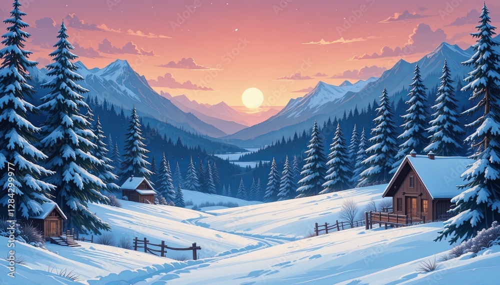 Fototapeta premium Serene sunset over snowy mountain landscape winter wonderland digital art