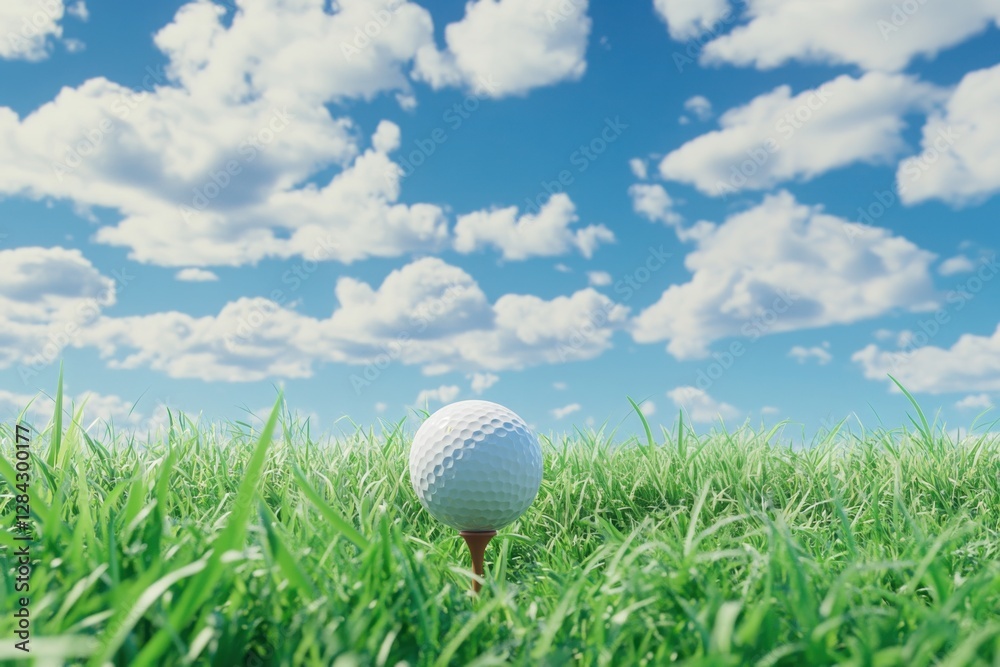 Golf ball on tee surrounded by lush grass under a bright blue sky with fluffy clouds Golf ball on tee surrounded by lush grass under a bright blue sky with fluffy clouds