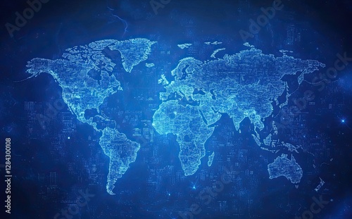 Global map background illustration for ultra HD wallpaper incorporating Bitcoin, crypto currency, and blockchain technology