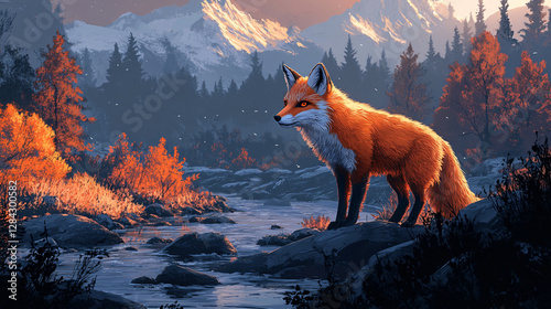Fox standing on a rock in a stream at a high-tech nature reserve for endangered species conservation