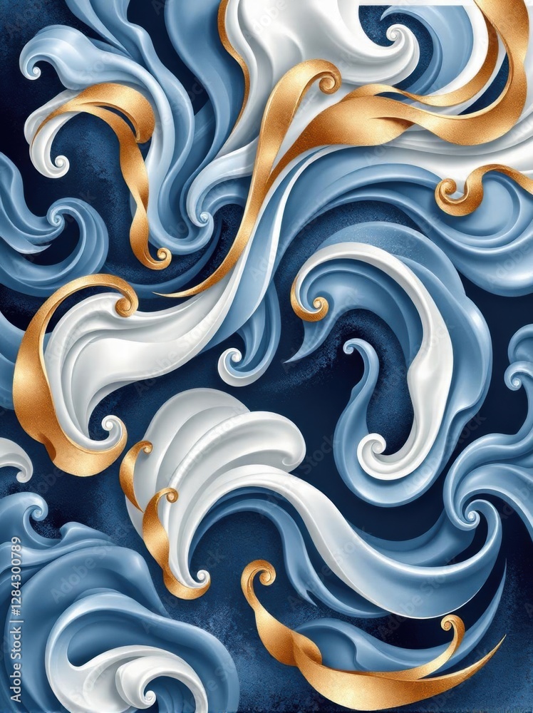 Obraz premium Elegant abstract smooth dynamic composition Digital artwork with flowing swirls and curves. Harmonious palette of deep blue, shimmering gold, and pure white, Royalty luxury vintage look. Invitation