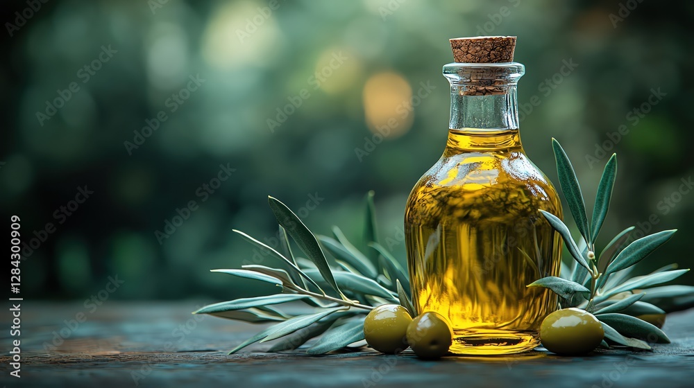 custom made wallpaper toronto digitalA bottle of olive oil with olives and leaves, rustic and warm, soft focus, natural light