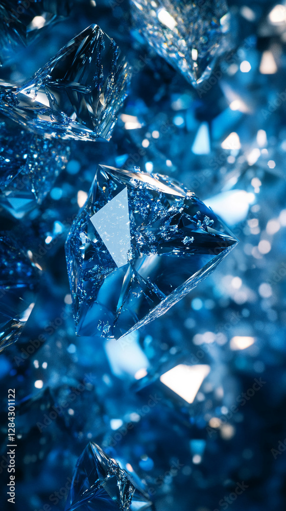 Close-up shot of shattered blue diamonds sparkling with intricate reflections, representing luxury, wealth, and brilliance. The photo emphasizes the sharp clarity and fine cuts of each gem. Close-up shot of shattered blue diamonds sparkling with intricate reflections, representing luxury, wealth, and brilliance. The photo emphasizes the sharp clarity and fine cuts of each gem.