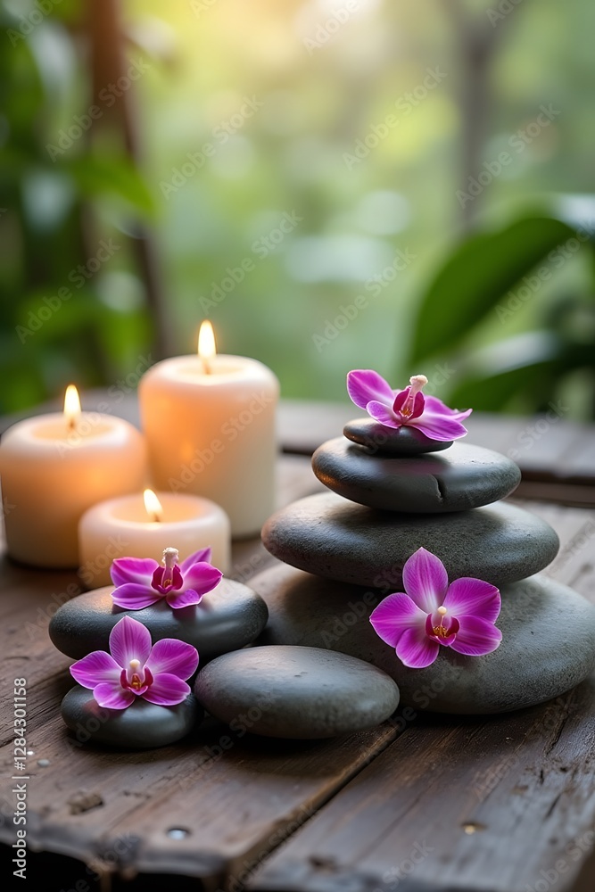 Tranquil spa setting with candles, zen stones, and vibrant orchids in a peaceful garden Tranquil spa setting with candles, zen stones, and vibrant orchids in a peaceful garden
