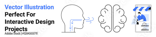 Diagram of human head showing breathing process, brain illustration, and mobile e-commerce storefront. Ideal for health, anatomy, technology, neuroscience, online shopping, education and flat