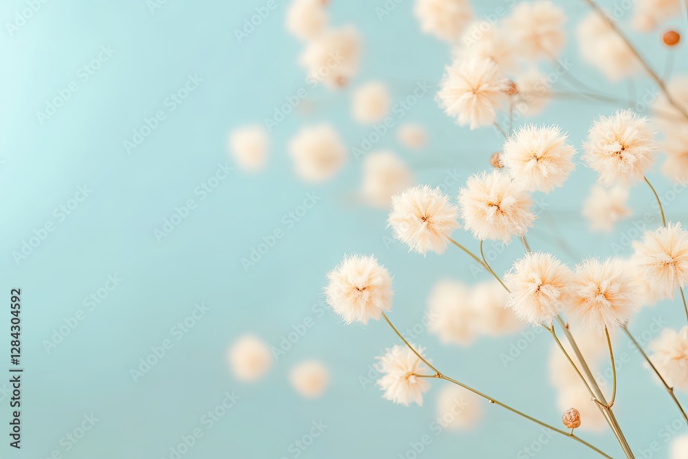 Delicate white flowers gently sway against serene blue backgroun Delicate white flowers gently sway against serene blue backgroun