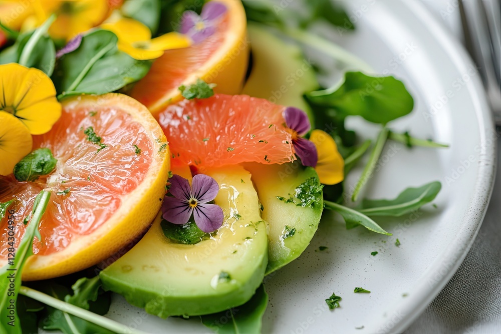 Fresh salad featuring vibrant citrus slices, colorful edible flo Fresh salad featuring vibrant citrus slices, colorful edible flo
