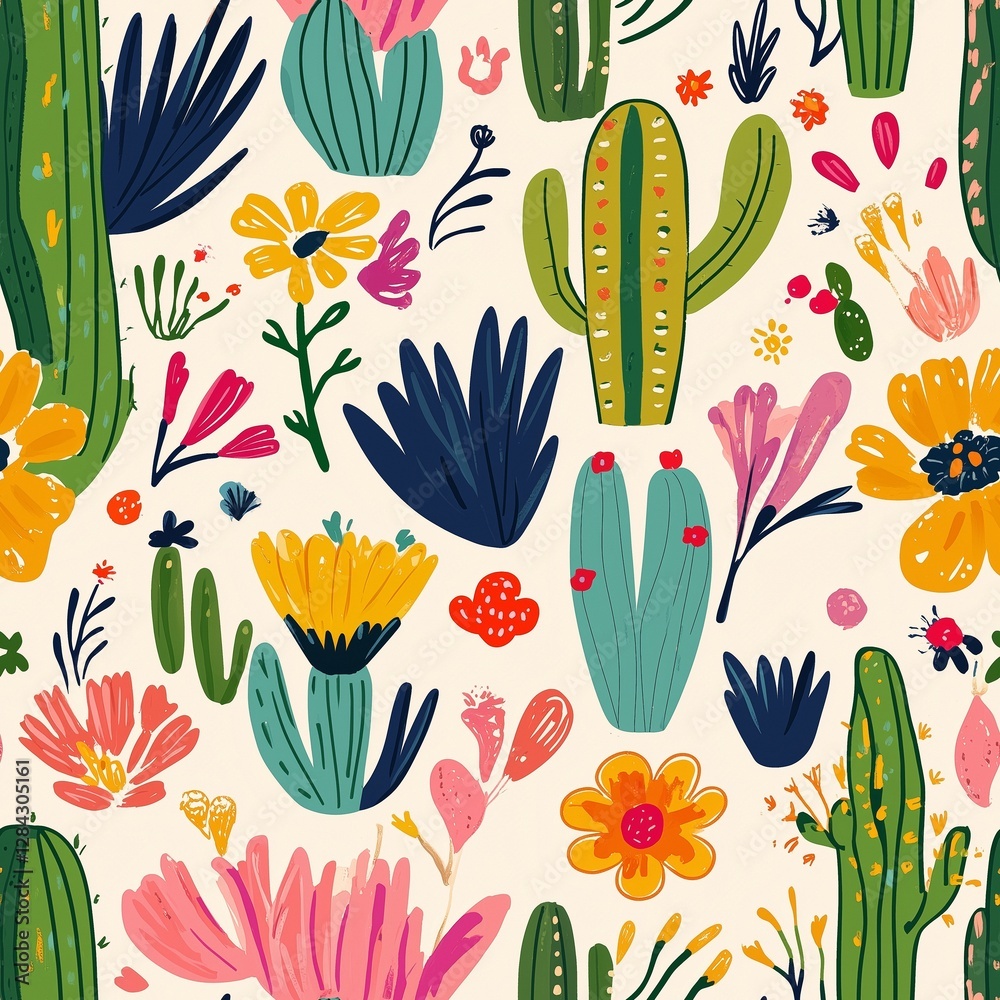 custom made wallpaper toronto digitalSeamless pattern ith cactus and flowers in vibrant colors.