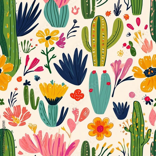 Wallpaper Mural Seamless pattern ith cactus and flowers in vibrant colors.  Torontodigital.ca