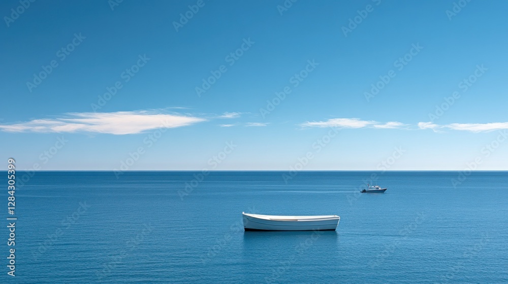 Calm ocean, white rowboat, small fishing boat, tranquil blue sky Calm ocean, white rowboat, small fishing boat, tranquil blue sky