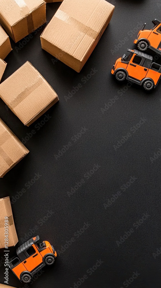 Obraz premium Cardboard boxes and toy trucks on black background. Possible use for e-commerce or shipping illustration
