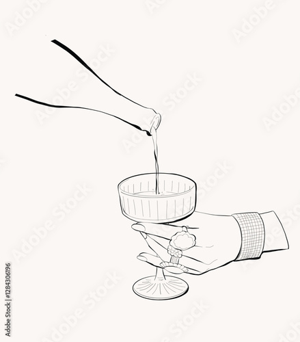 hand holding glass of wine poured from bottle hand drawn illustration vector