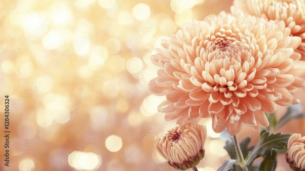 Peach Chrysanthemum Flower Close Up on a Bokeh Background with Soft Natural Lighting Peach Chrysanthemum Flower Close Up on a Bokeh Background with Soft Natural Lighting