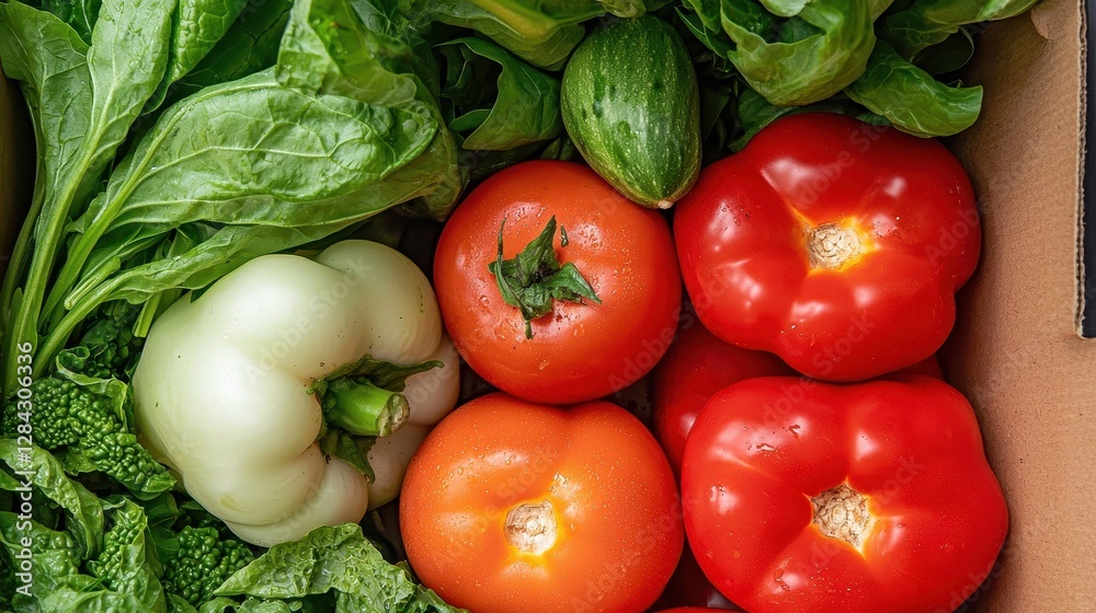 Fresh vegetables including red and green peppers, tomatoes, and leafy greens arranged in a box, showcasing vibrant colors and healthy produce. Fresh vegetables including red and green peppers, tomatoes, and leafy greens arranged in a box, showcasing vibrant colors and healthy produce.