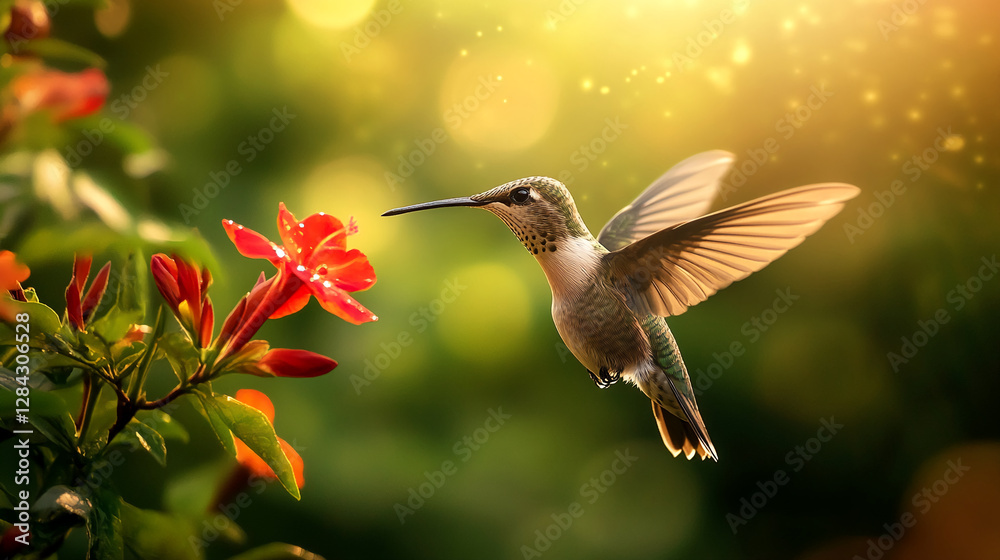 Fototapeta premium Hummingbird hovering near vibrant red flowers, capturing the beauty of nature, pollination, and wildlife in an outdoor, bokeh-filled environment with soft sunlight.