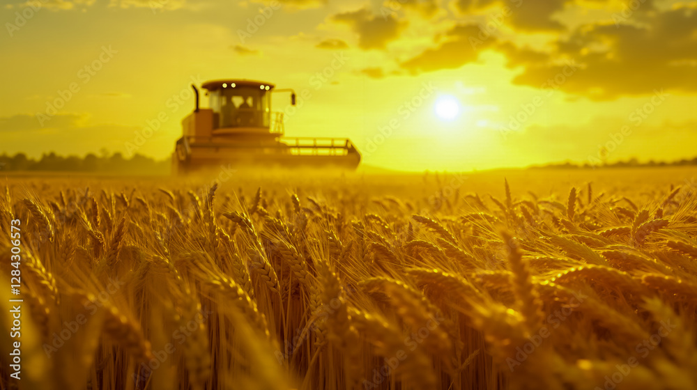 Fototapeta premium A tractor in a field of wheat at sunset