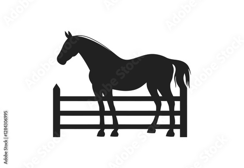 Horse silhouette behind wooden fence paddock vector illustration on white background