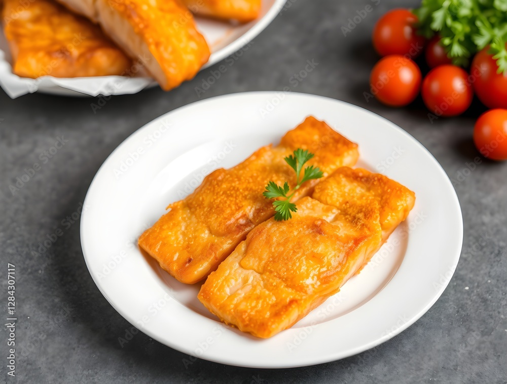 Fried fish fillets served in white plate Fried fish fillets served in white plate
