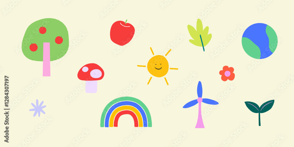 Cute Nature elements Vector Illustration Set. Earth, Tree, Sun, Plants, Flowers, Rainbow, Earthling, Green. 