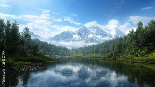 A serene landscape featuring a tranquil river, lush greenery, and majestic mountains under a bright blue sky with scattered clouds.