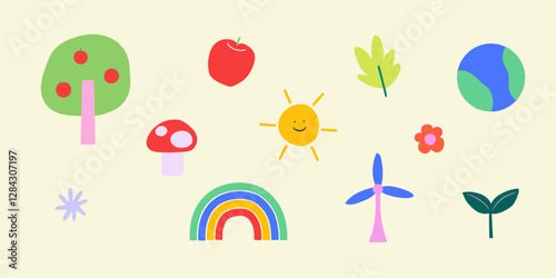Cute Nature elements Vector Illustration Set. Earth, Tree, Sun, Plants, Flowers, Rainbow, Earthling, Green. 