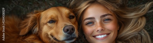 Girl smiling and hugging her golden retriever, both lying on green grass, warm and affectionate