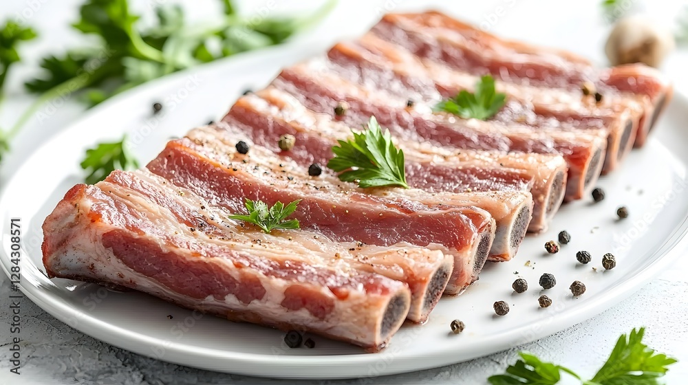 Sliced Raw Pork Belly on Clean White Plate Garnished with Parsley and Pepper Sliced Raw Pork Belly on Clean White Plate Garnished with Parsley and Pepper