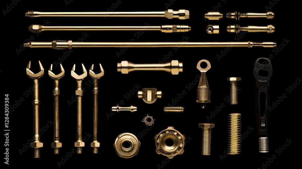 Fototapeta premium Gold machine parts arranged on black background; industrial product shot