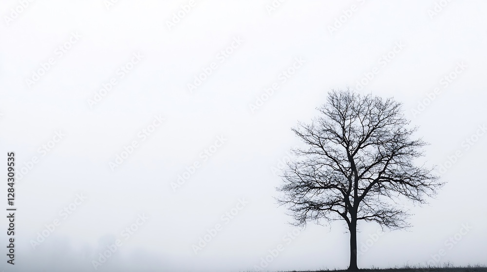 Mysterious Bare Tree in a Foggy Landscape with Soft Gray Background and Hazy Atmosphere : Generative AI Mysterious Bare Tree in a Foggy Landscape with Soft Gray Background and Hazy Atmosphere : Generative AI