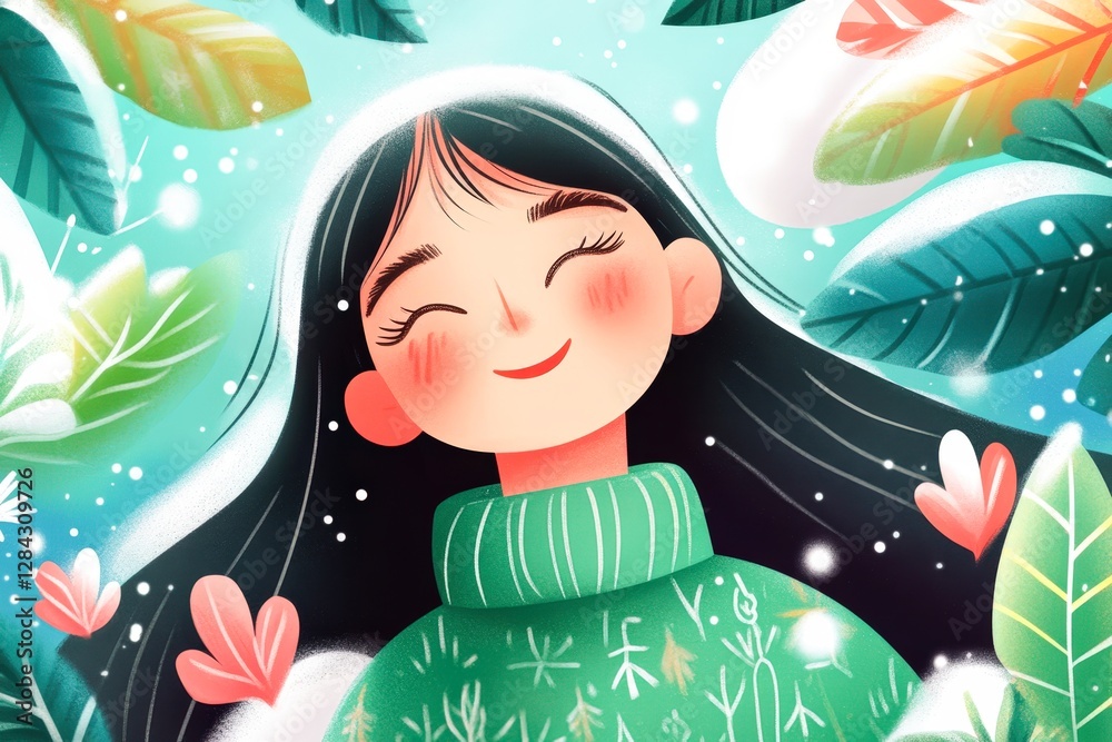 A cheerful illustration of a young woman in a green sweater, surrounded by colorful leaves and soft snowflakes, exuding a sense of joy and tranquility, Perfect for seasonal marketing, wellness themes A cheerful illustration of a young woman in a green sweater, surrounded by colorful leaves and soft snowflakes, exuding a sense of joy and tranquility, Perfect for seasonal marketing, wellness themes