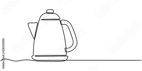 Electric kettle continuous one line drawing vector illustration, Kettle. Icon. Vector drawing. One line art. A simple drawing of a continuous line of a kitchen electric appliance, one continuous line.