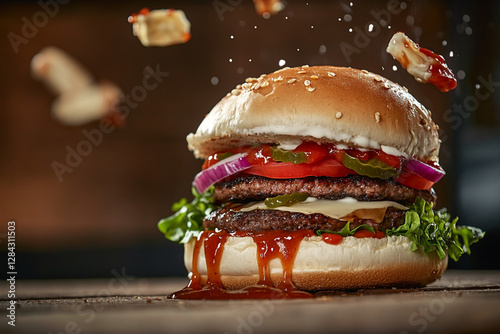 Burger in dynamic motion with flying ingredients and dripping sauce photo