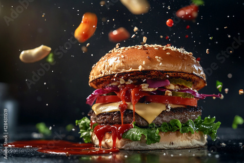 Burger in dynamic motion with flying ingredients and dripping sauce photo